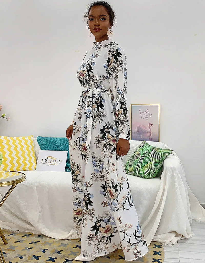 Abaya-inspired ankle-length dress with flared sleeves and waist tie