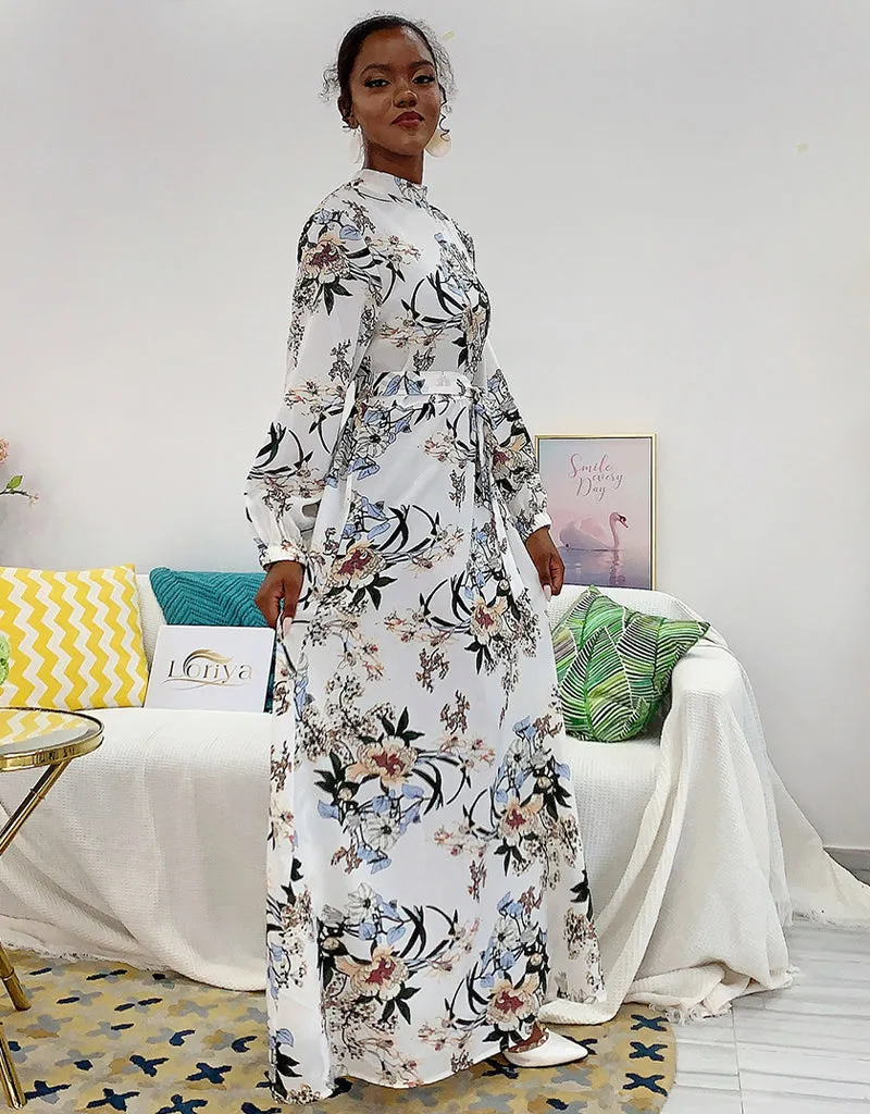 Abaya-inspired ankle-length dress with flared sleeves and waist tie