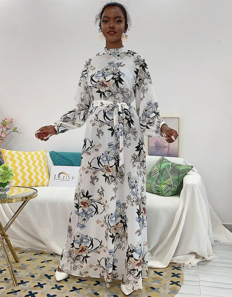 Abaya-inspired ankle-length dress with flared sleeves and waist tie