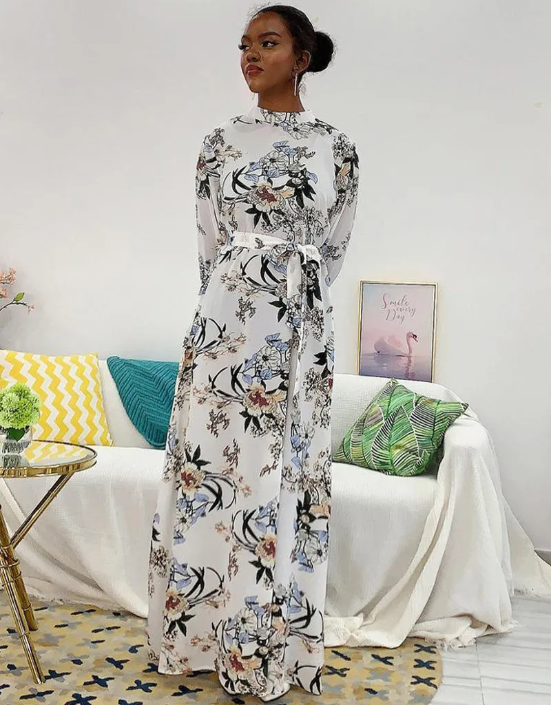Abaya-inspired ankle-length dress with flared sleeves and waist tie