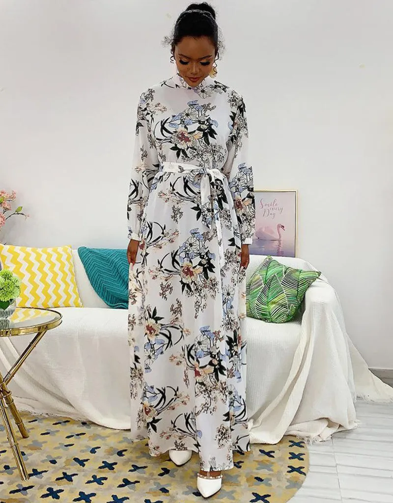 Abaya-inspired ankle-length dress with flared sleeves and waist tie