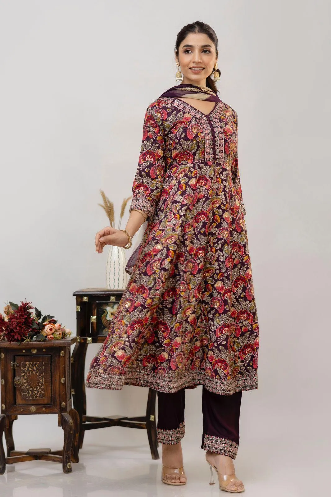Anarkali-Style Kurti Set with Foil Print & Tie-Dye Dupatta
