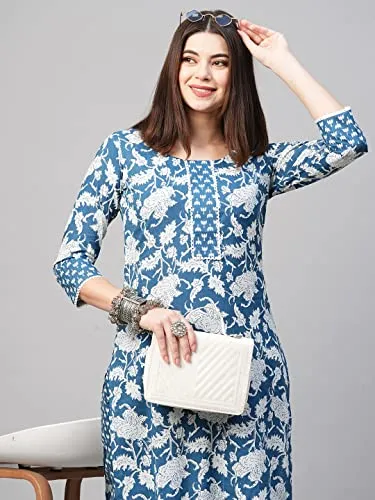 ANNI DESIGNER Women's Cotton Blend Printed Straight Kurta with Pant (Pustak Blue-Nw_XL_White/Blue_X-Large)