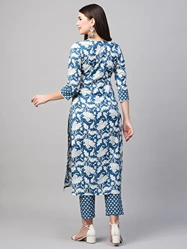 ANNI DESIGNER Women's Cotton Blend Printed Straight Kurta with Pant (Pustak Blue-Nw_XL_White/Blue_X-Large)