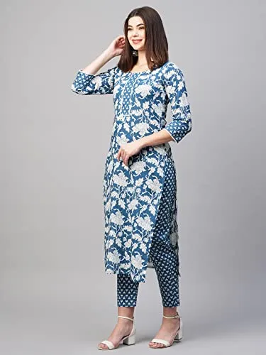 ANNI DESIGNER Women's Cotton Blend Printed Straight Kurta with Pant (Pustak Blue-Nw_XL_White/Blue_X-Large)