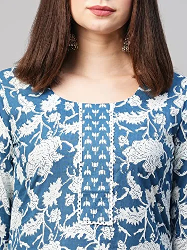 ANNI DESIGNER Women's Cotton Blend Printed Straight Kurta with Pant (Pustak Blue-Nw_XL_White/Blue_X-Large)