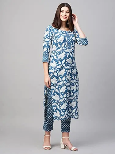 ANNI DESIGNER Women's Cotton Blend Printed Straight Kurta with Pant (Pustak Blue-Nw_XL_White/Blue_X-Large)