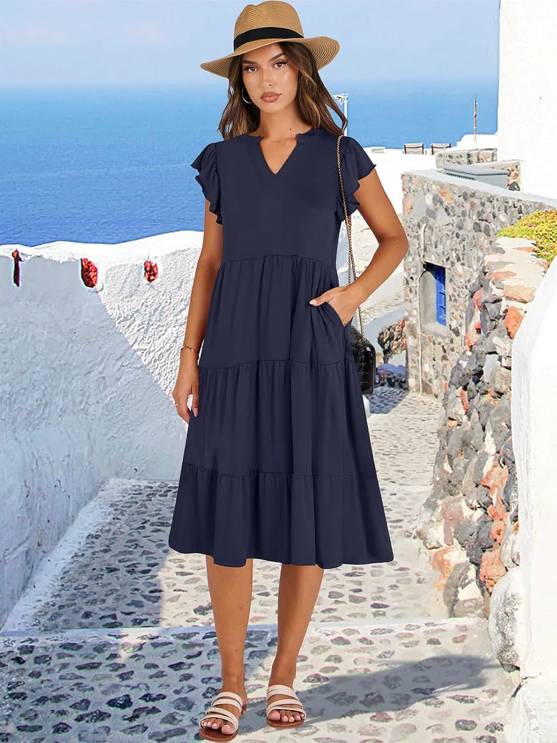 ANRABESS Womens Summer Dress Ruffle Sleeve V Neck Midi Dresses Fashion Casual Fit Flowy Tiered Boho Beach Vacation Sundress
