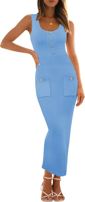 Arach&Cloz Womens Spring Summer Sleeveless Midi Dress 2025 Bodycon Knit Long Sundress Sun Beach Vacation Resort Wear