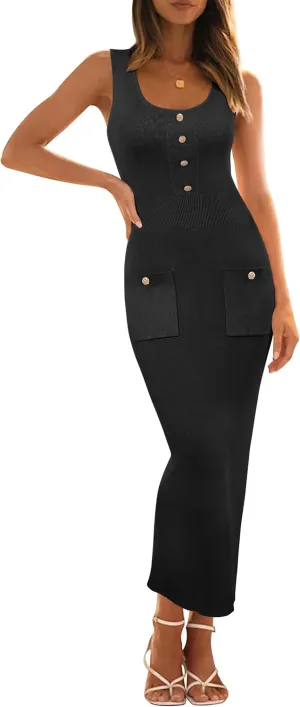 Arach&Cloz Womens Spring Summer Sleeveless Midi Dress 2025 Bodycon Knit Long Sundress Sun Beach Vacation Resort Wear