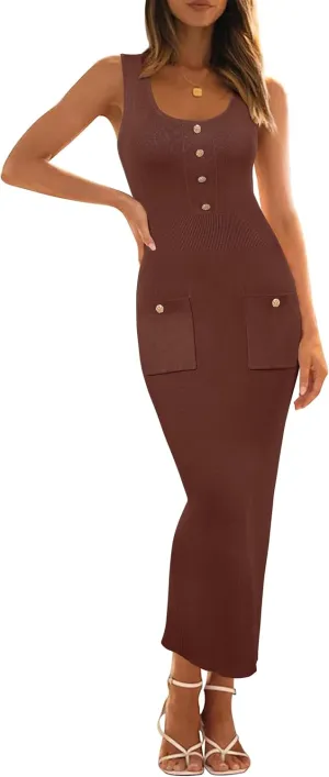 Arach&Cloz Womens Spring Summer Sleeveless Midi Dress 2025 Bodycon Knit Long Sundress Sun Beach Vacation Resort Wear