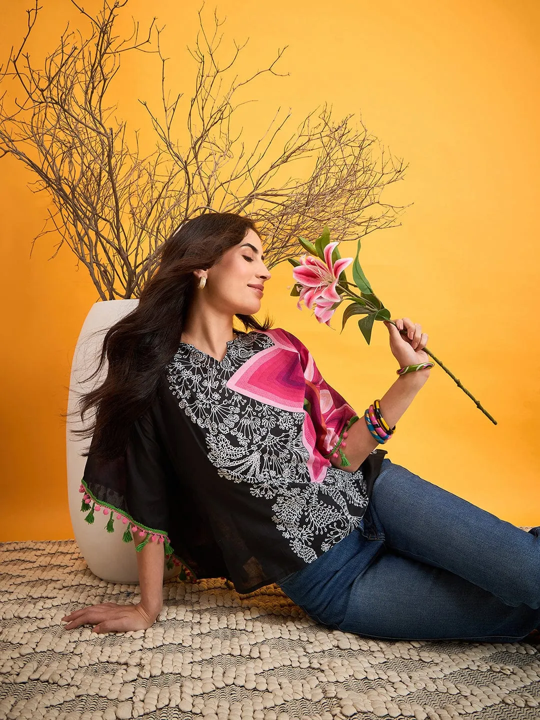Asymmetrical Doodle Black Kaftan Top