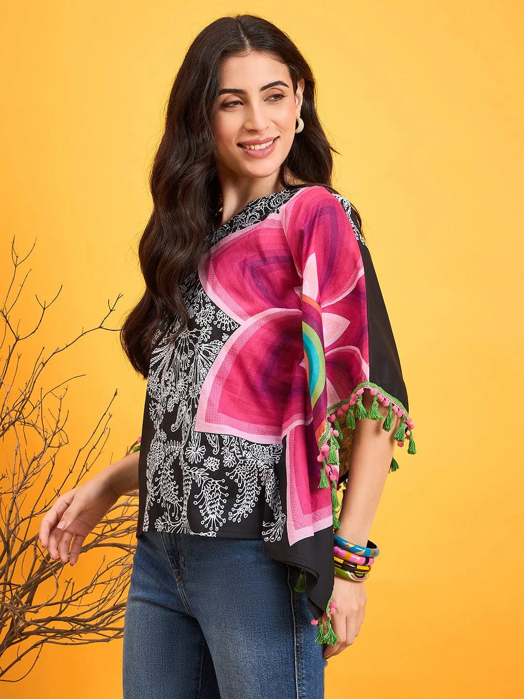 Asymmetrical Doodle Black Kaftan Top