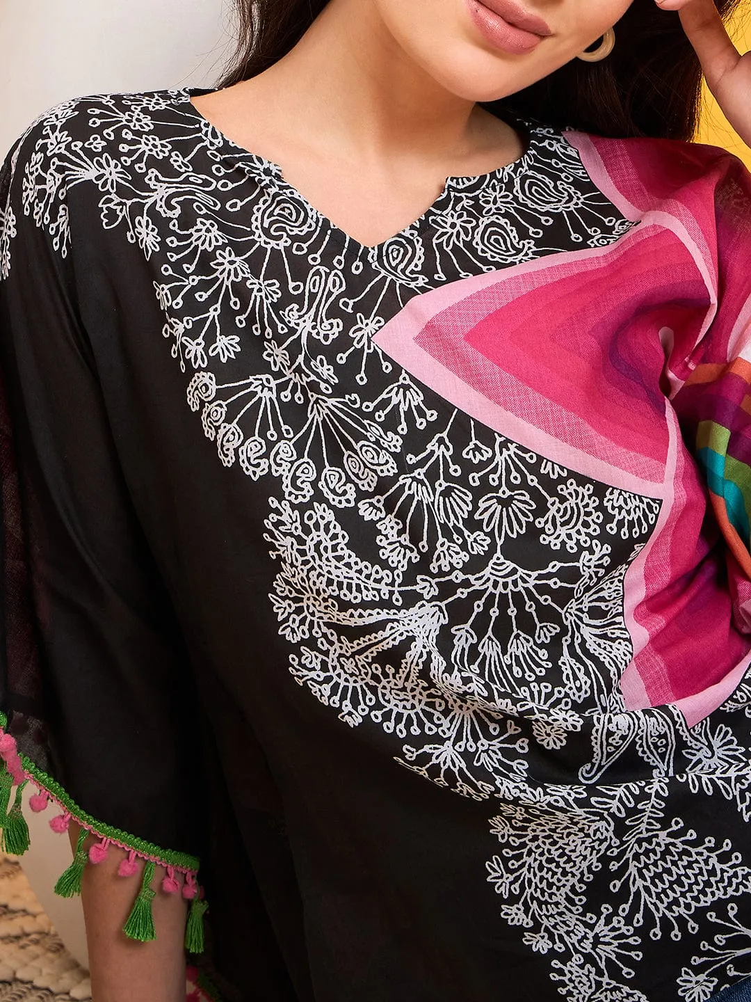 Asymmetrical Doodle Black Kaftan Top
