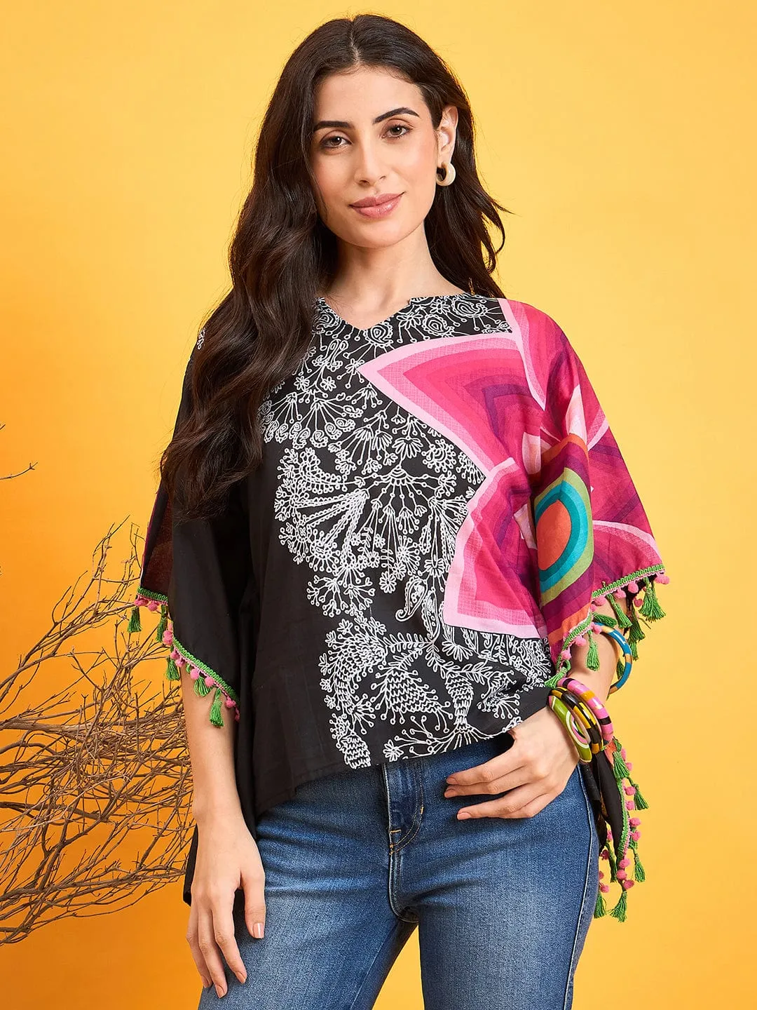 Asymmetrical Doodle Black Kaftan Top