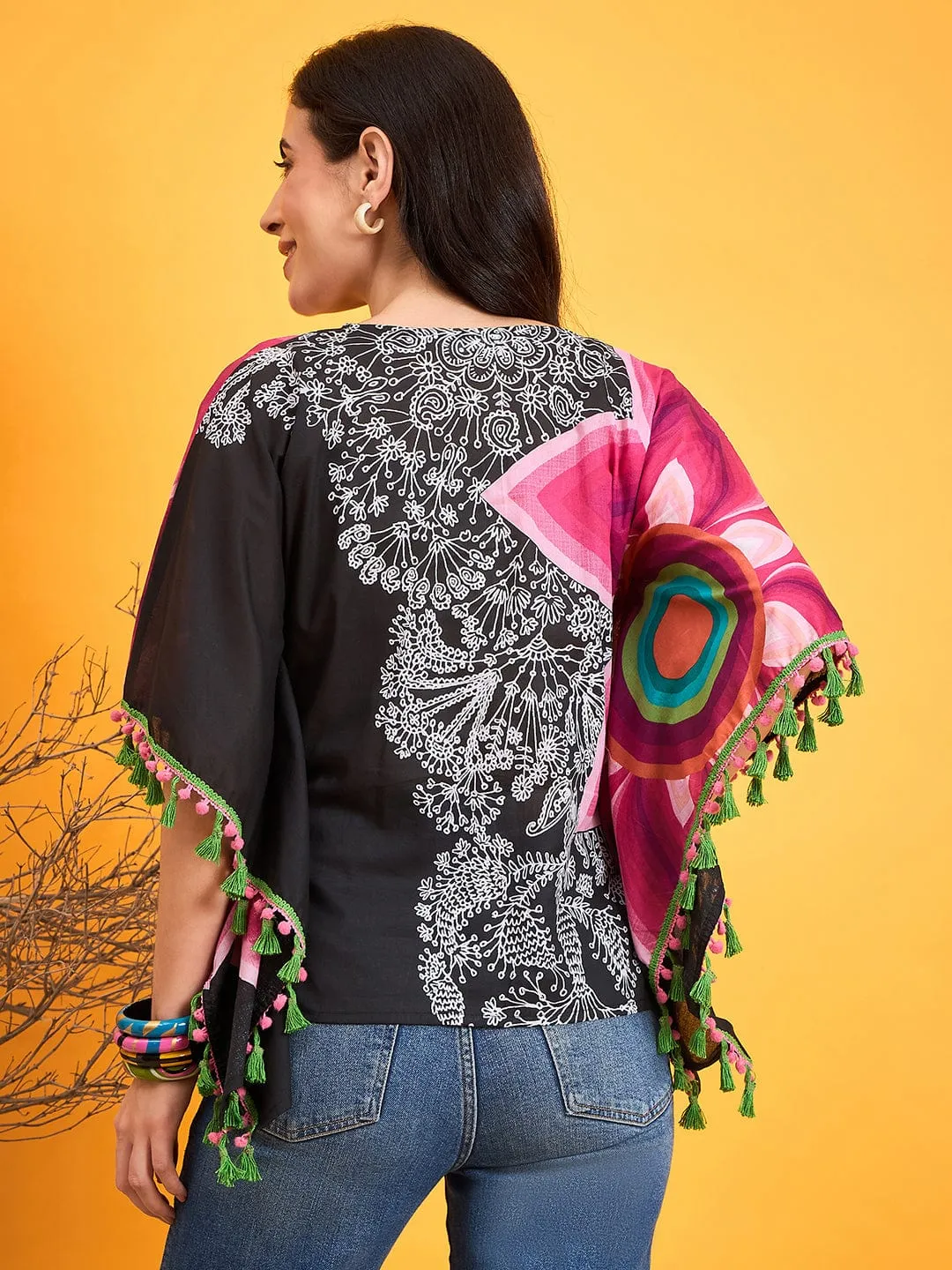 Asymmetrical Doodle Black Kaftan Top