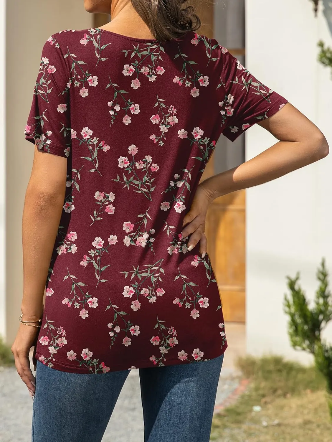 AYIFU Womens Summer Tops Short Sleeve Casual Shirts Asymmetric Neck Color Block Tunic