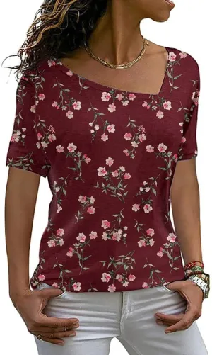AYIFU Womens Summer Tops Short Sleeve Casual Shirts Asymmetric Neck Color Block Tunic