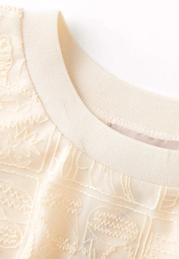 Beige Embroidered Short Sleeves Top