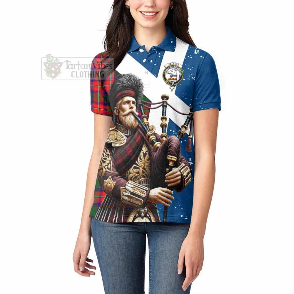 Belshes (Belsches) Tartan Women's Polo Shirt with Family Crest Scottish Bagpiper Vibes