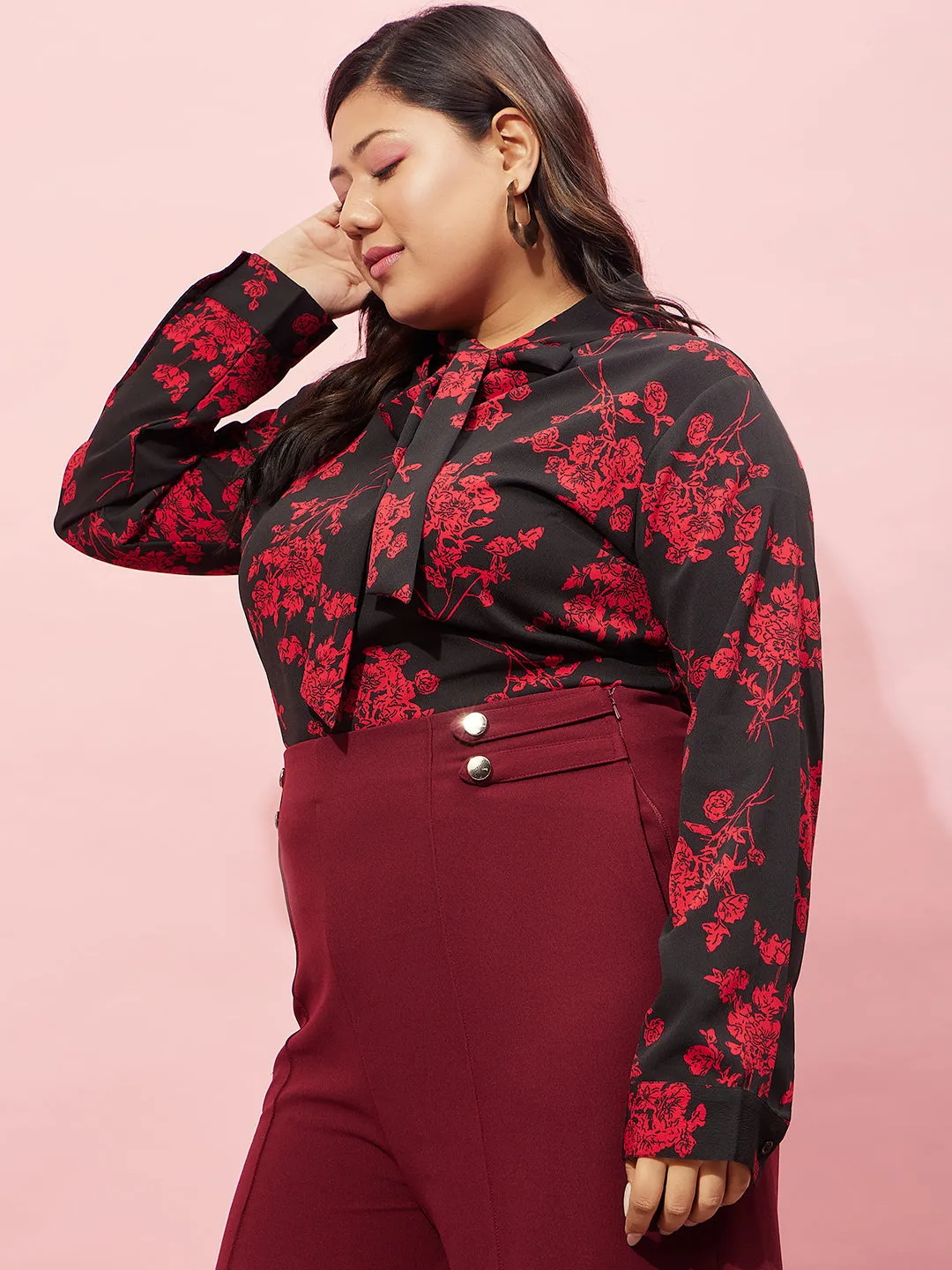 Berrylush Women Plus Size Black & Red Floral Printed Tie-Up Neck Polyester Regular Top
