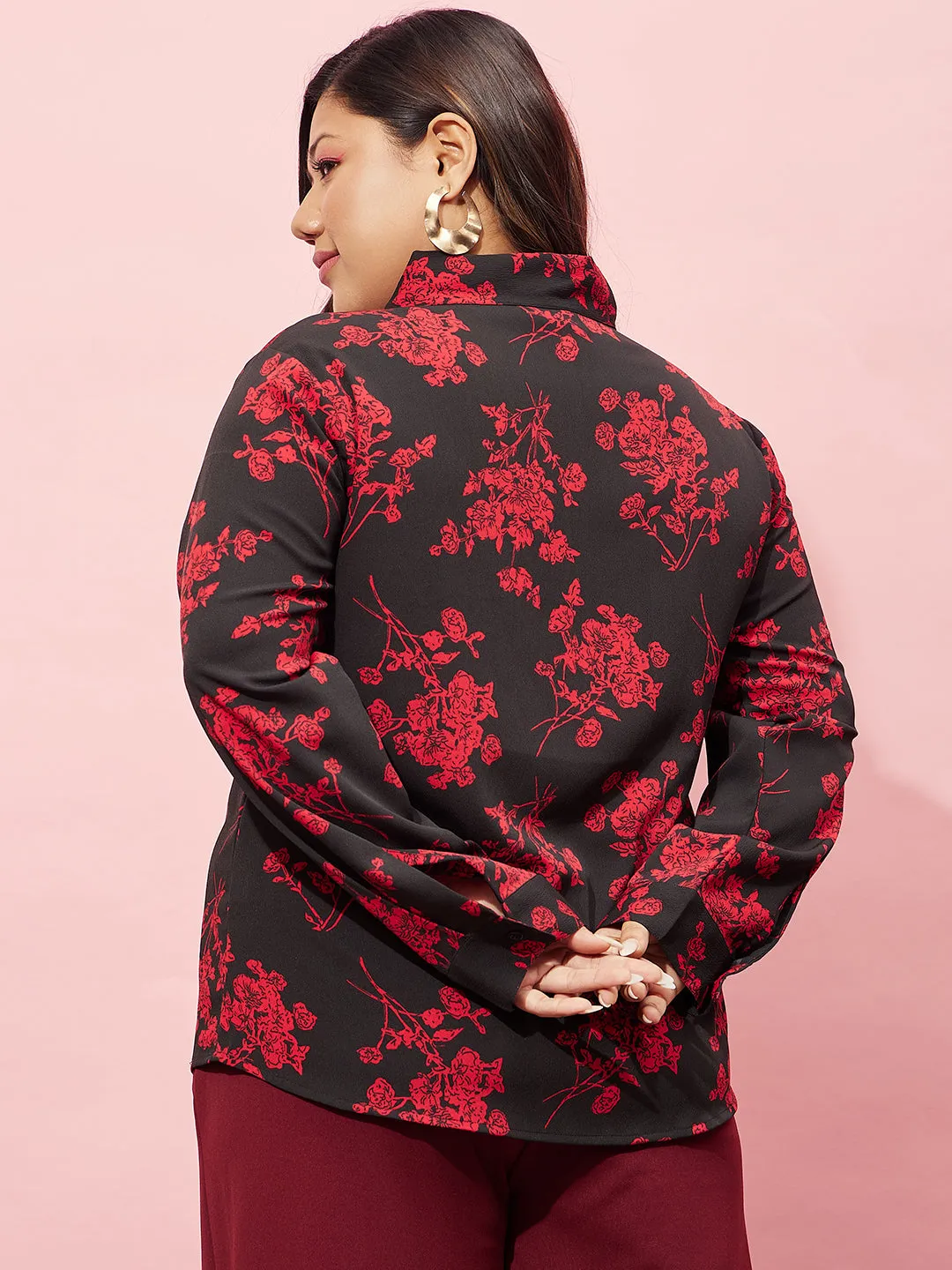 Berrylush Women Plus Size Black & Red Floral Printed Tie-Up Neck Polyester Regular Top