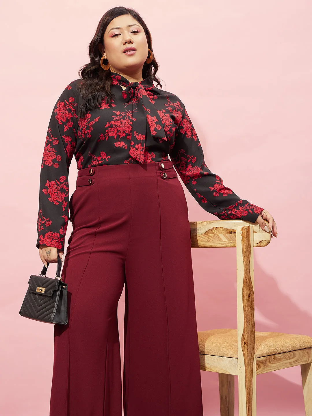 Berrylush Women Plus Size Black & Red Floral Printed Tie-Up Neck Polyester Regular Top