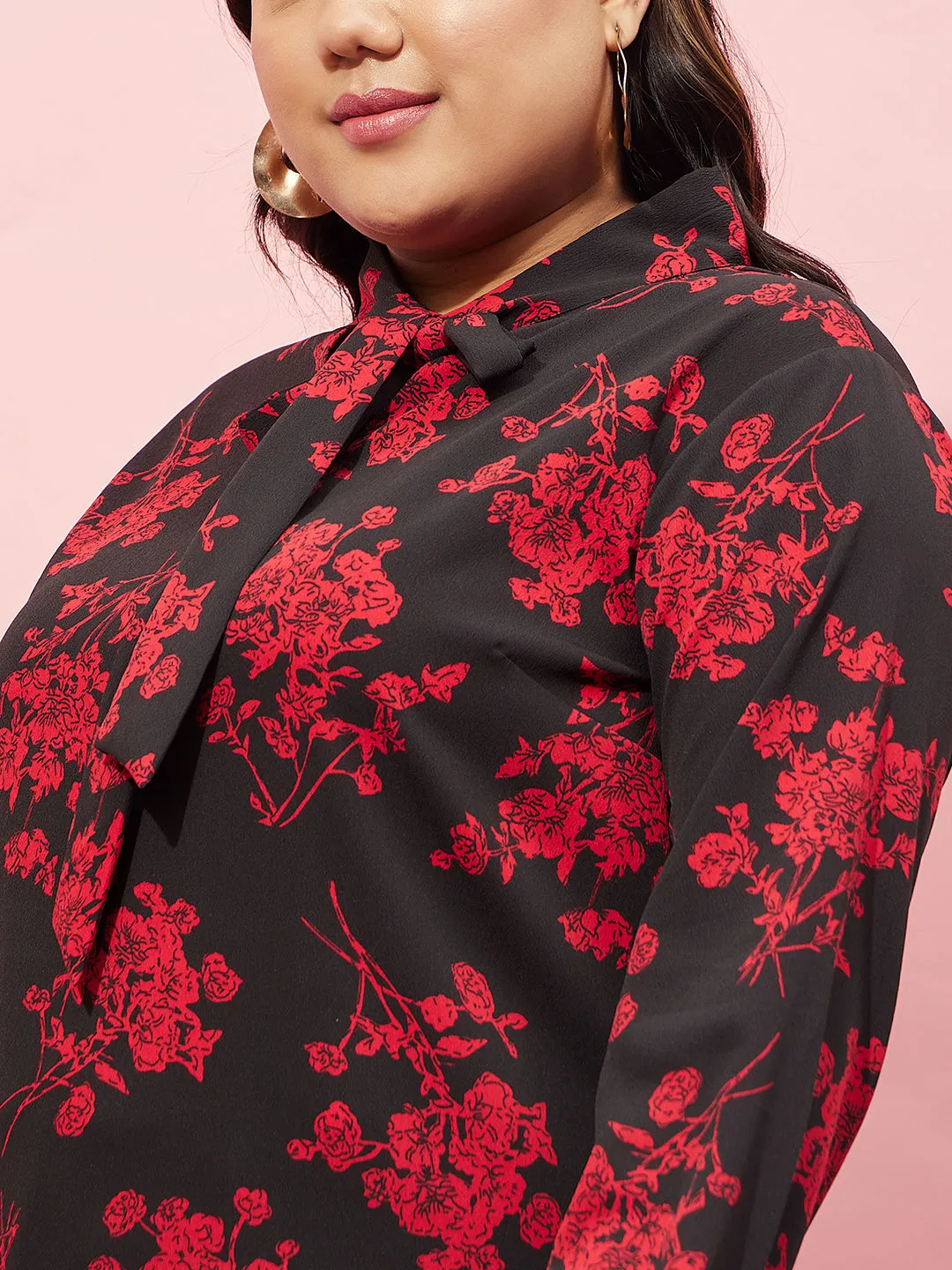 Berrylush Women Plus Size Black & Red Floral Printed Tie-Up Neck Polyester Regular Top