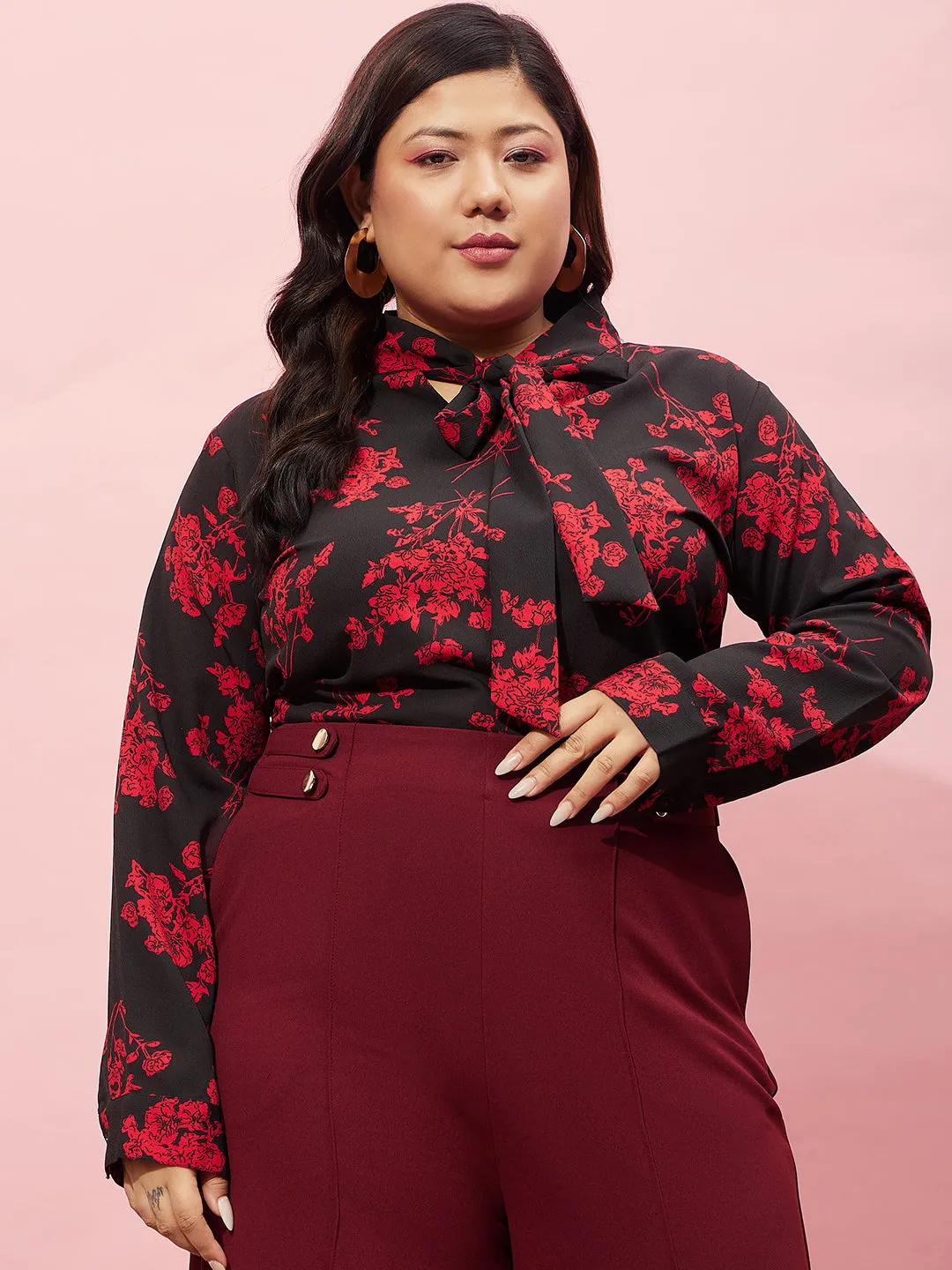 Berrylush Women Plus Size Black & Red Floral Printed Tie-Up Neck Polyester Regular Top