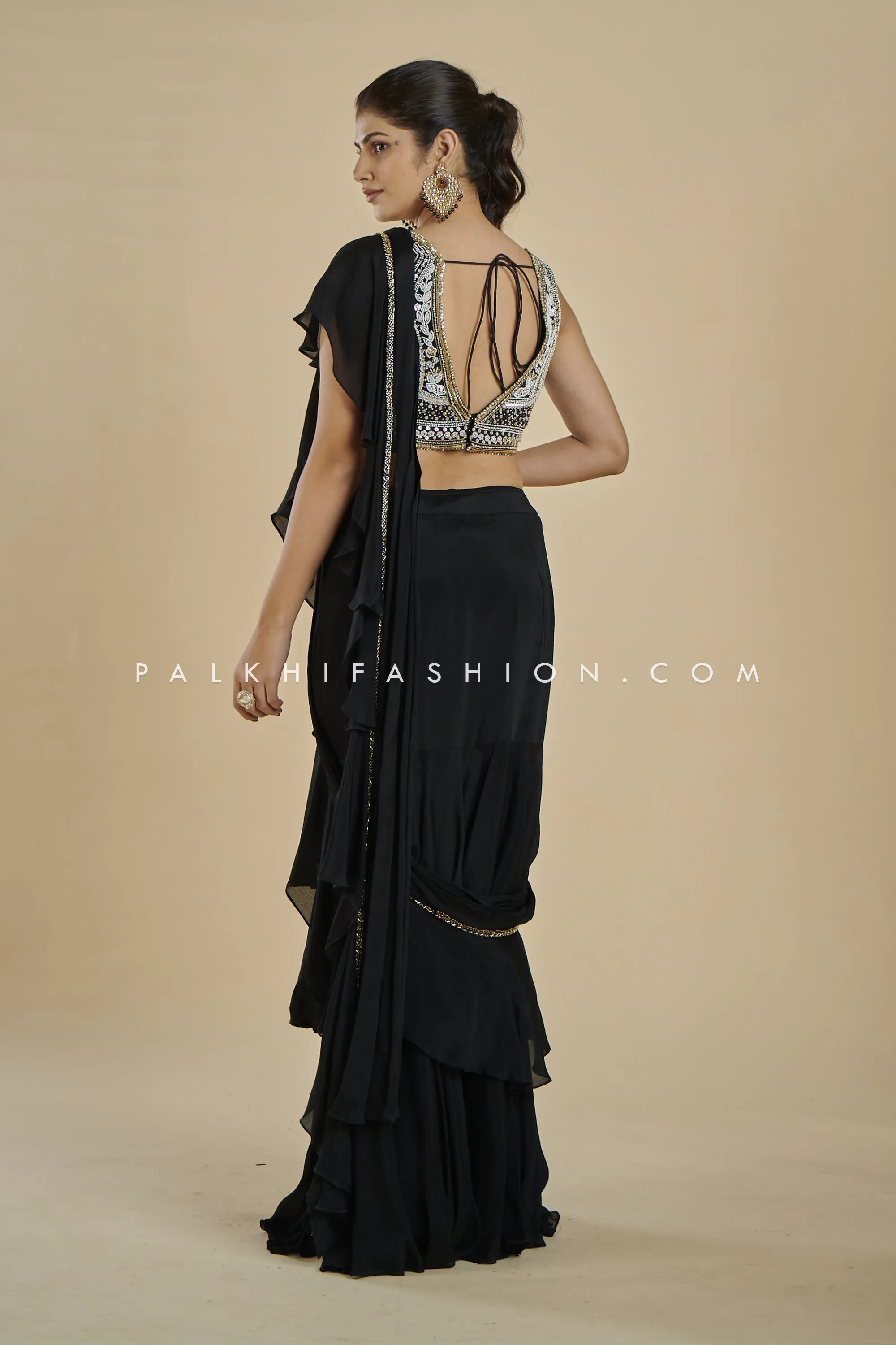 Black Beauty: Ready-to-Drape Saree with Handwork & Mirror-Adorned Blouse