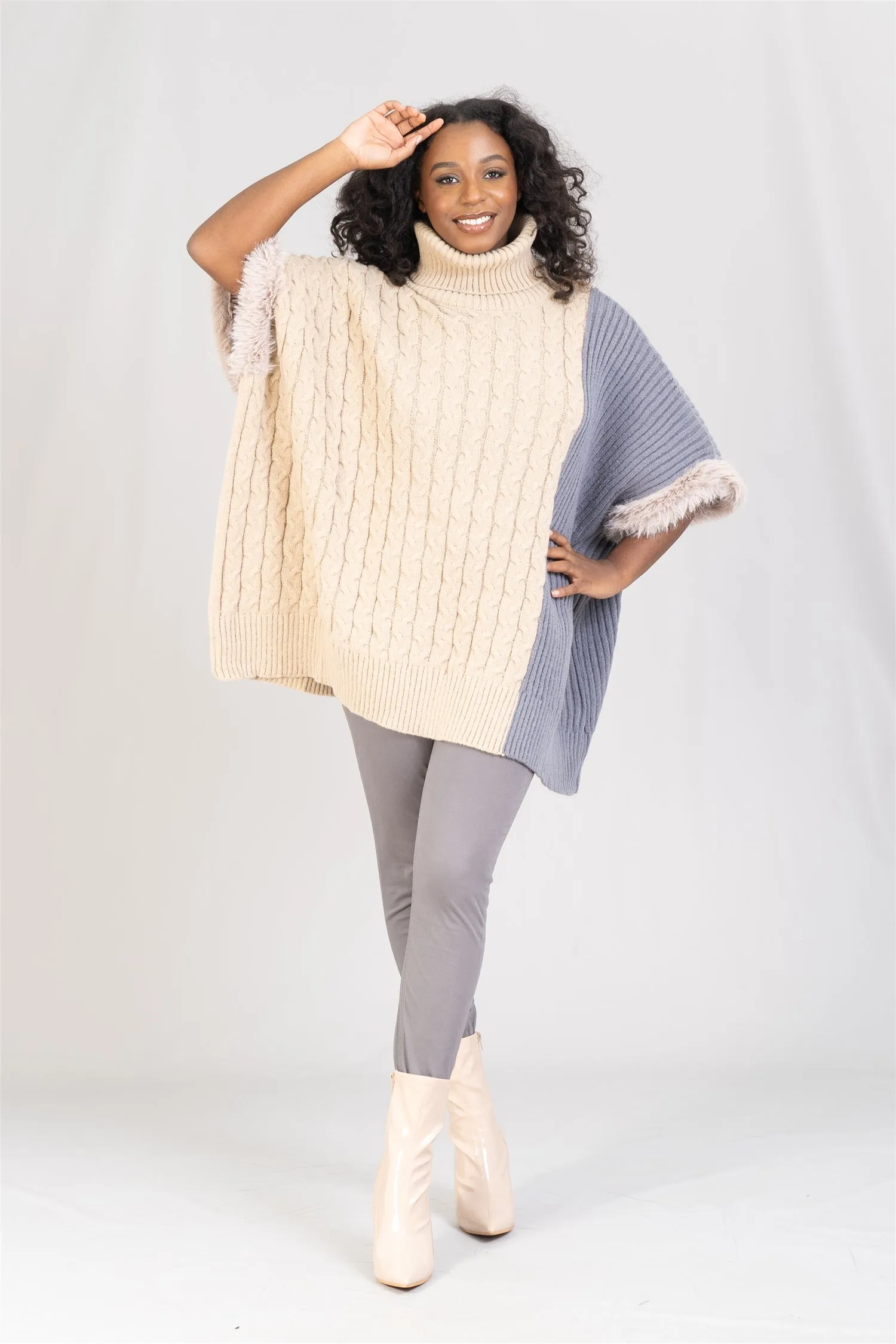 Boho Chic 2585 Faux FurTrim Cable Knit Sweater Tunic