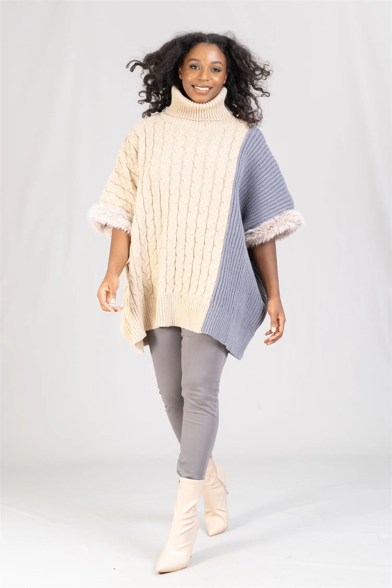 Boho Chic 2585 Faux FurTrim Cable Knit Sweater Tunic