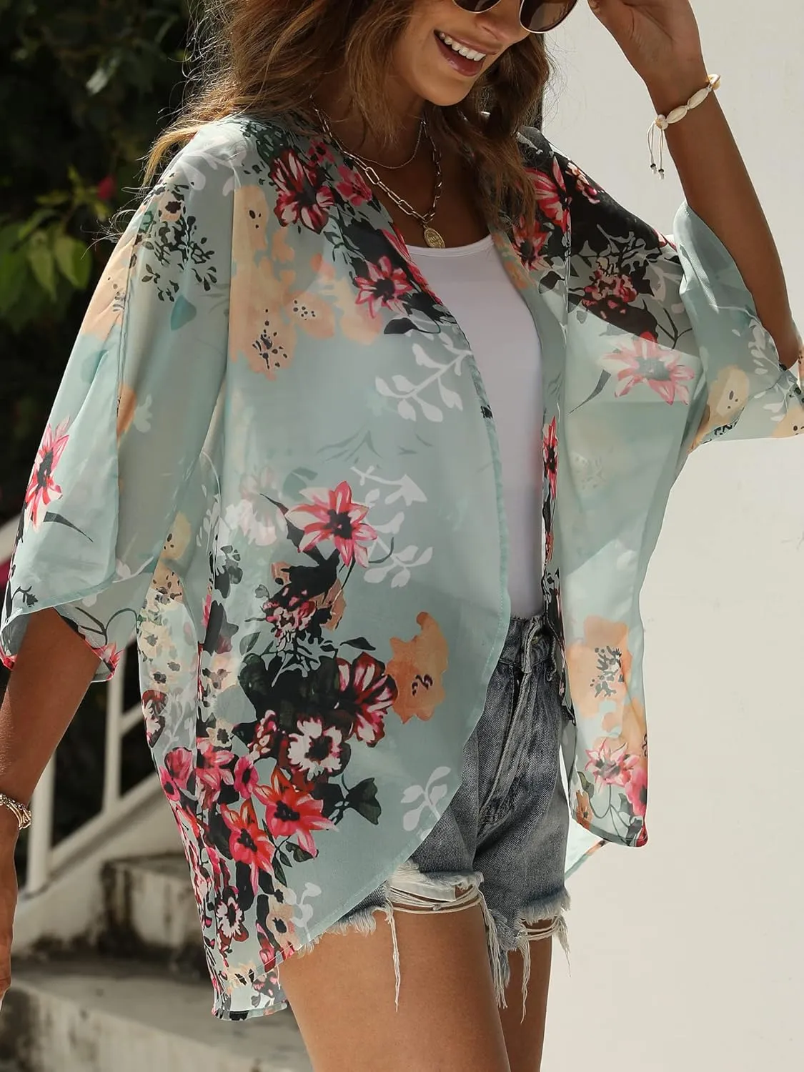 Chunoy Women Floral Print Lightweight Chiffon Kimono Cardigan Short Sleeve Loose Beach Wear Cover Up Blouse Top