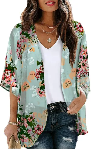 Chunoy Women Floral Print Lightweight Chiffon Kimono Cardigan Short Sleeve Loose Beach Wear Cover Up Blouse Top