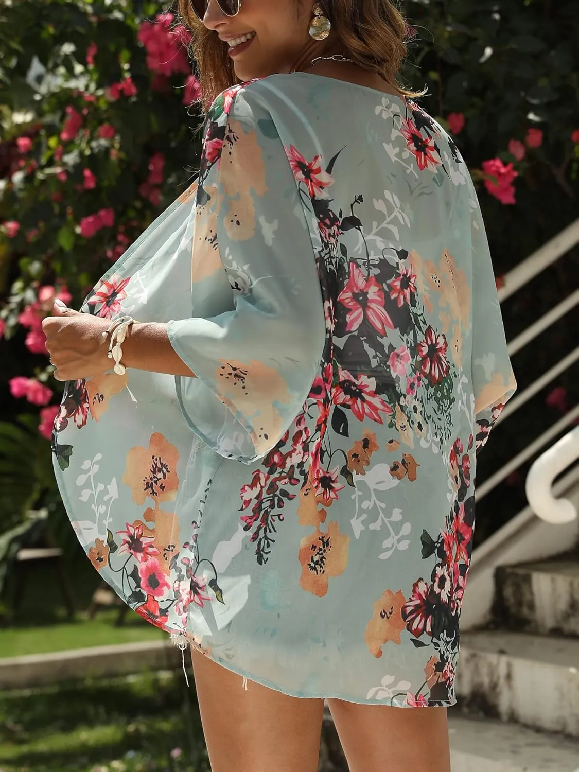 Chunoy Women Floral Print Lightweight Chiffon Kimono Cardigan Short Sleeve Loose Beach Wear Cover Up Blouse Top