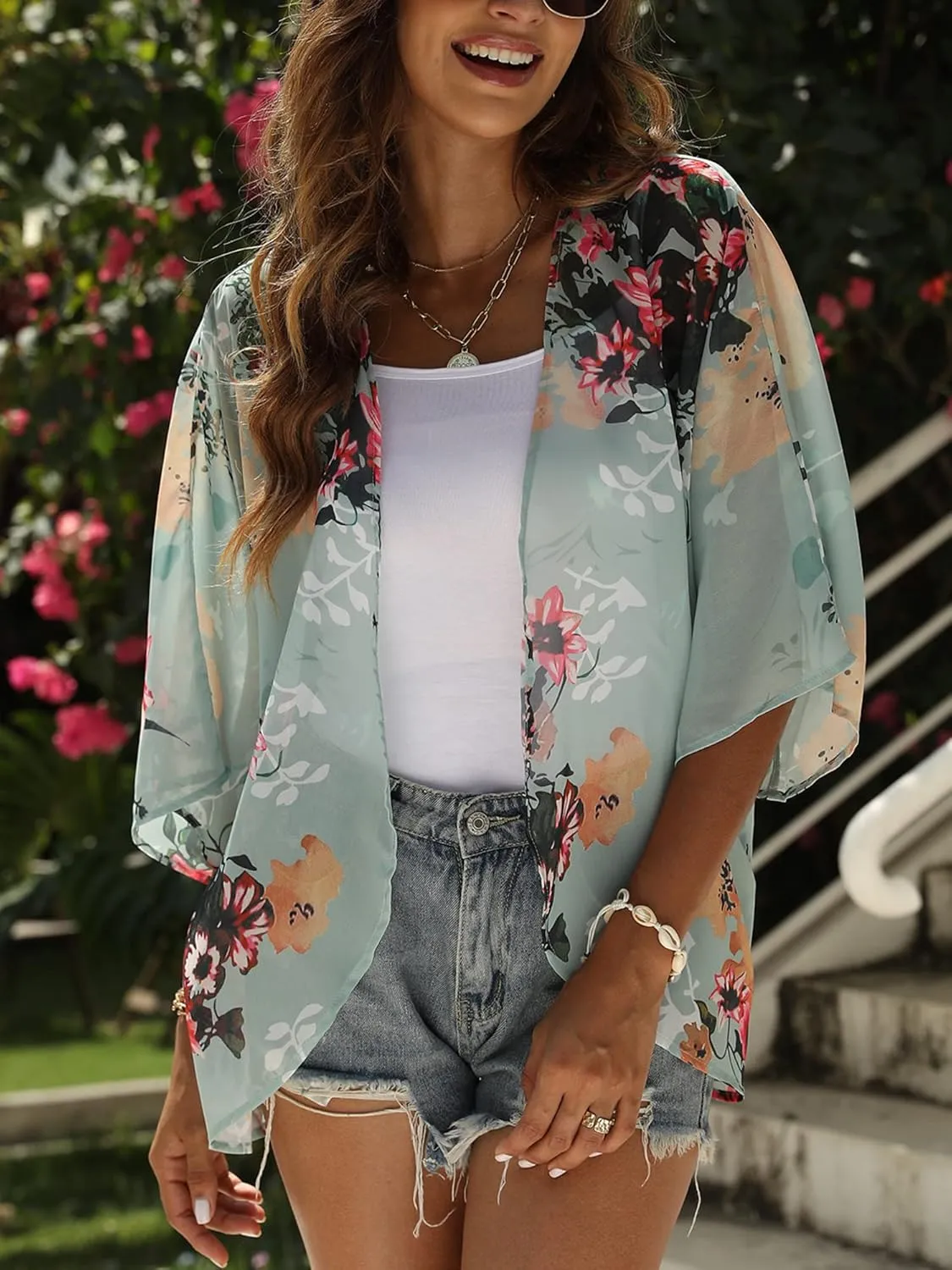 Chunoy Women Floral Print Lightweight Chiffon Kimono Cardigan Short Sleeve Loose Beach Wear Cover Up Blouse Top