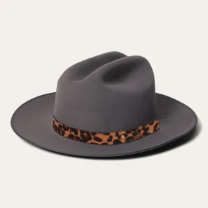 Classic Gray Felt Fedora with Chic Leopard Print Ribbon