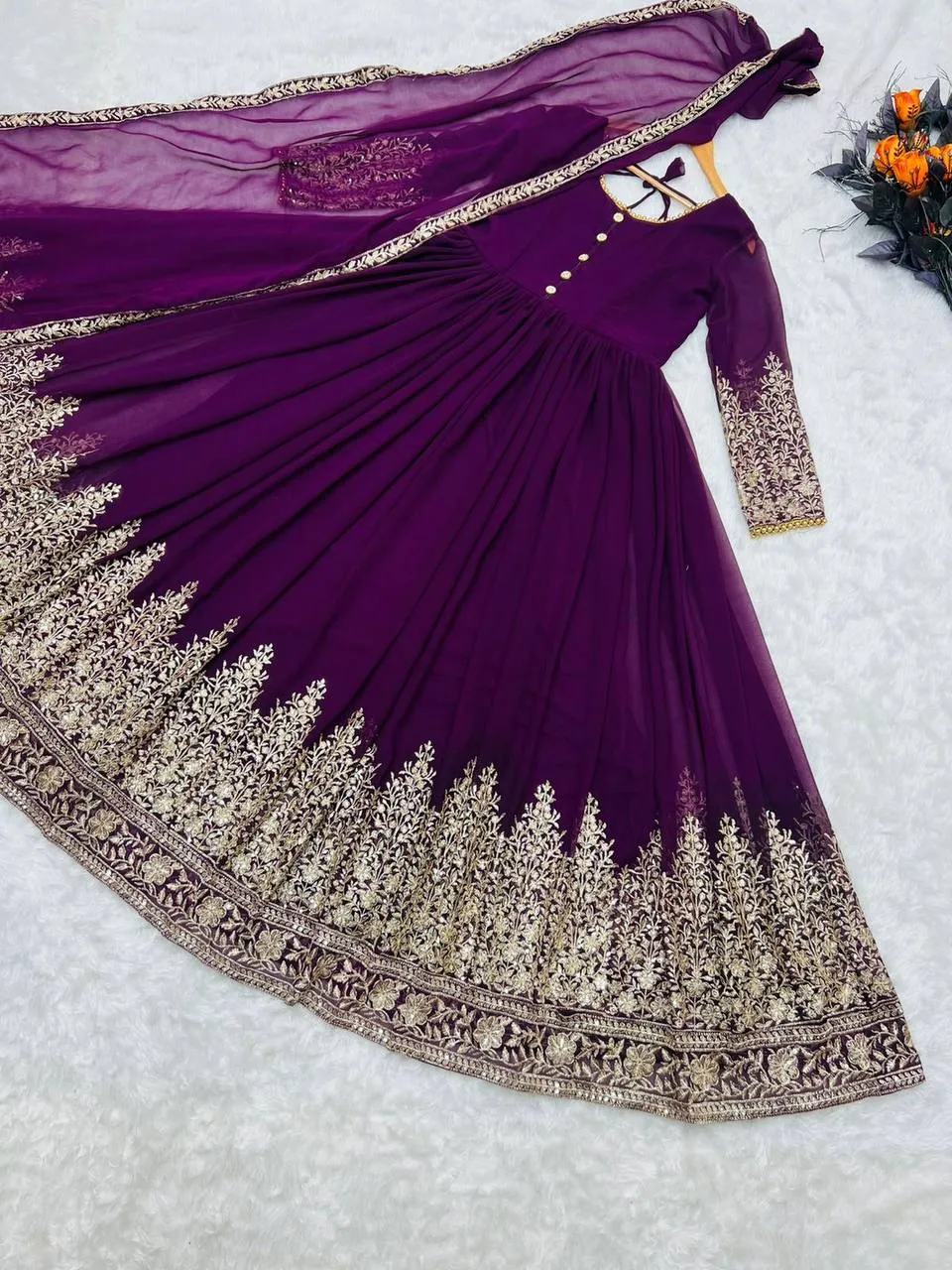 Classy Wine Color Sequence Embroidery Work Gown
