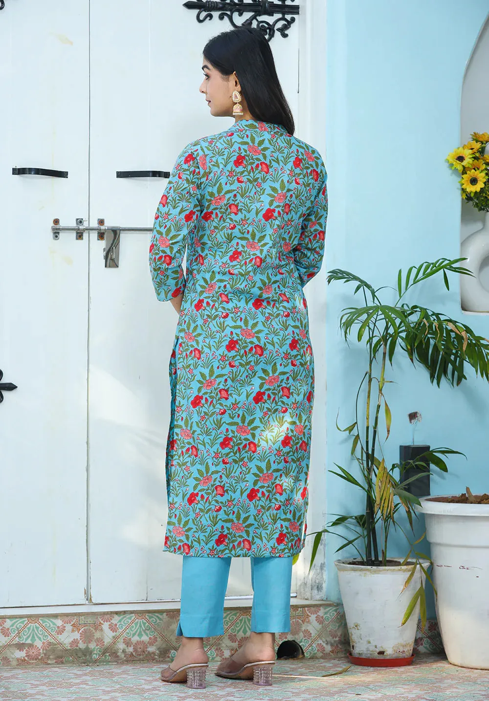 Cotton Green Floral Print Ethnic Kurta Pant Set