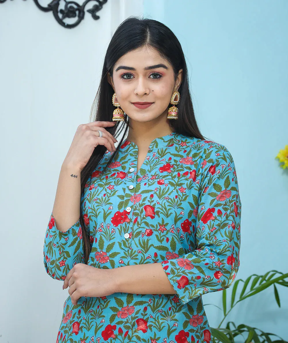 Cotton Green Floral Print Ethnic Kurta Pant Set