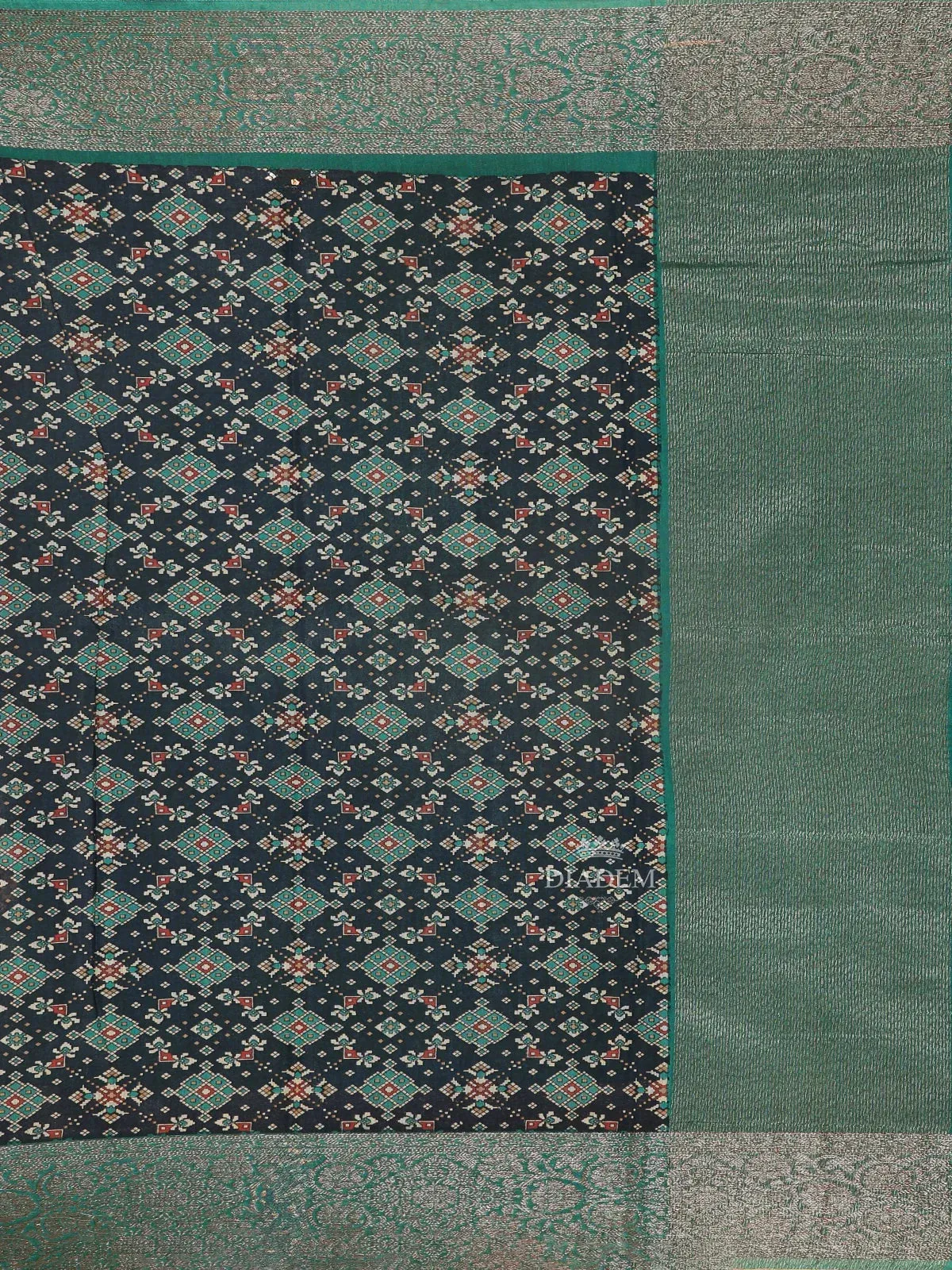 Dark Blue Art Silk Saree with Illusion Design on the Body with Contrast Designed Border