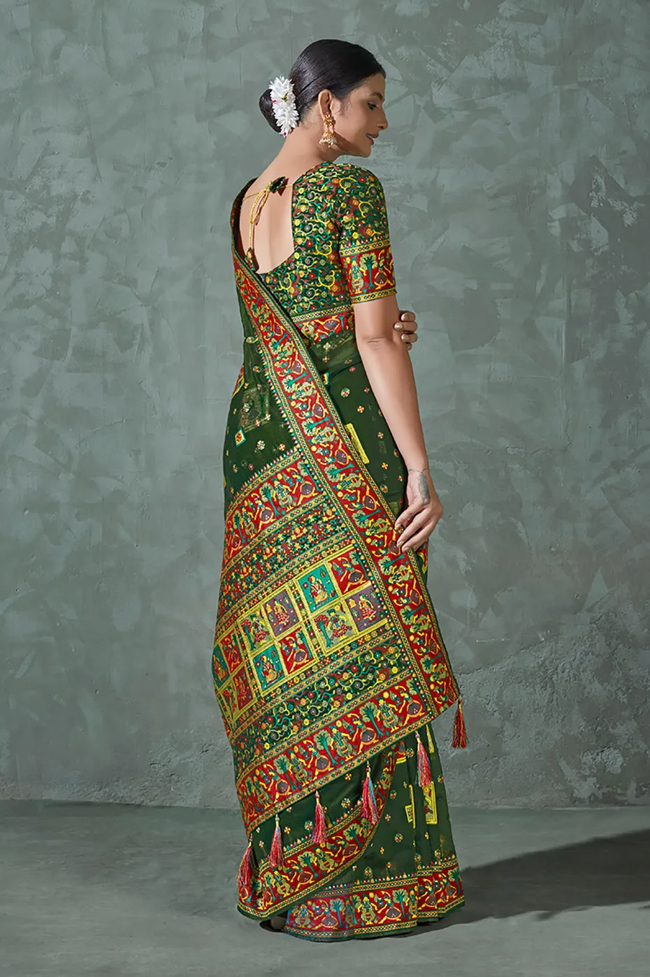 Dark Green Color Cotton Work Silk Zari Work Saree