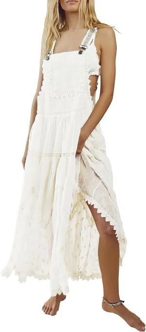 ebossy Women's Laced Embroidered Tulle Bib Dress Casual Loose Adjustable Straps Maxi Dress