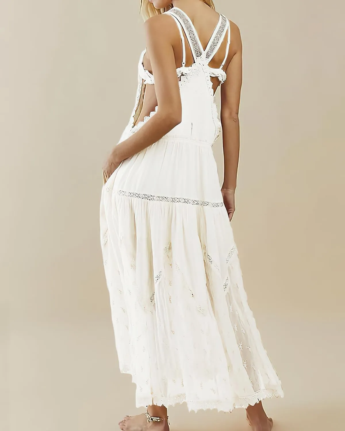 ebossy Women's Laced Embroidered Tulle Bib Dress Casual Loose Adjustable Straps Maxi Dress