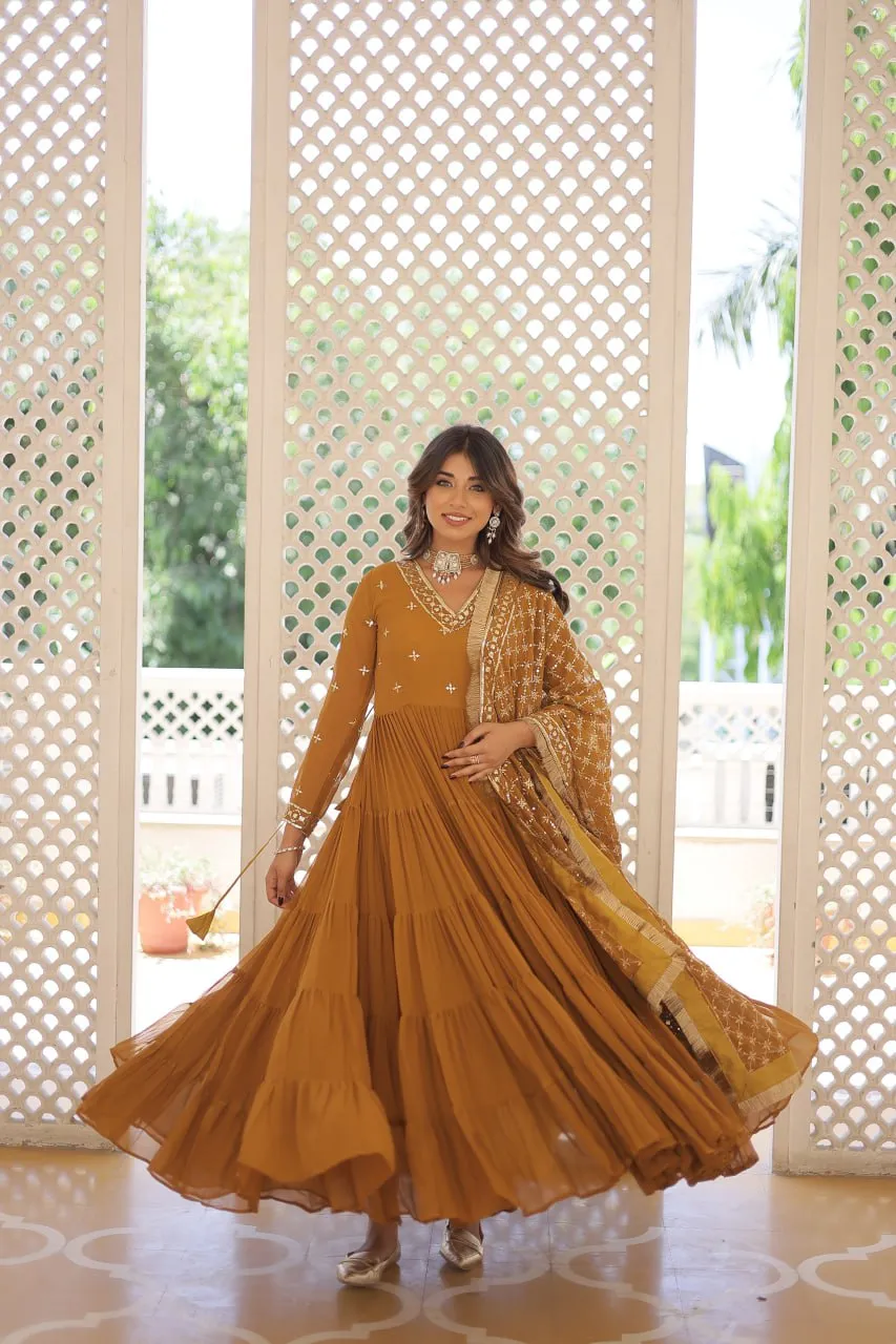 Enthralling Sequin Embroidered Mustard Yellow Gown with Designer Dupatta - Festive Wear