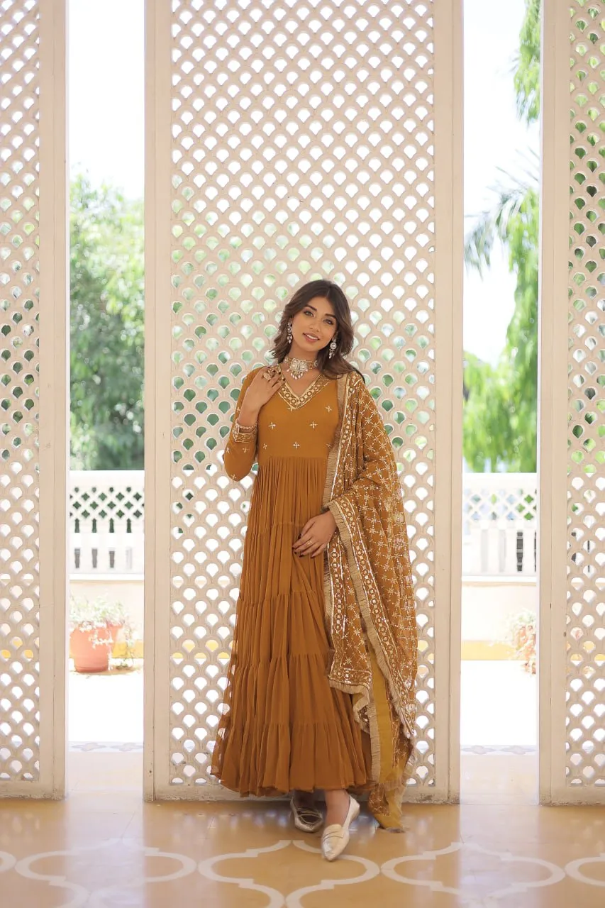 Enthralling Sequin Embroidered Mustard Yellow Gown with Designer Dupatta - Festive Wear