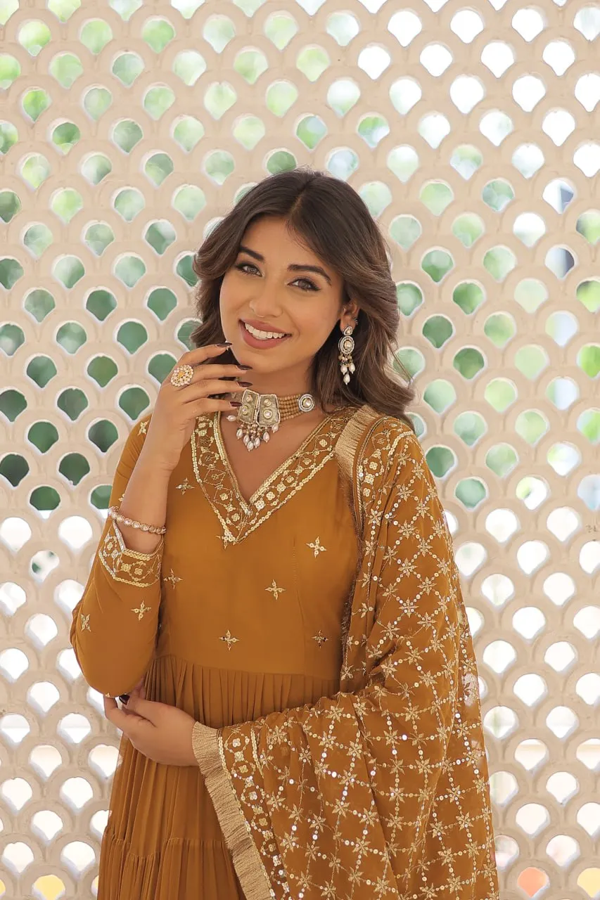 Enthralling Sequin Embroidered Mustard Yellow Gown with Designer Dupatta - Festive Wear