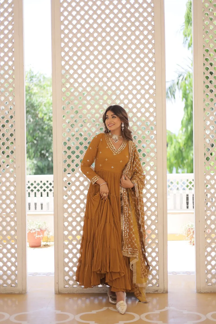 Enthralling Sequin Embroidered Mustard Yellow Gown with Designer Dupatta - Festive Wear
