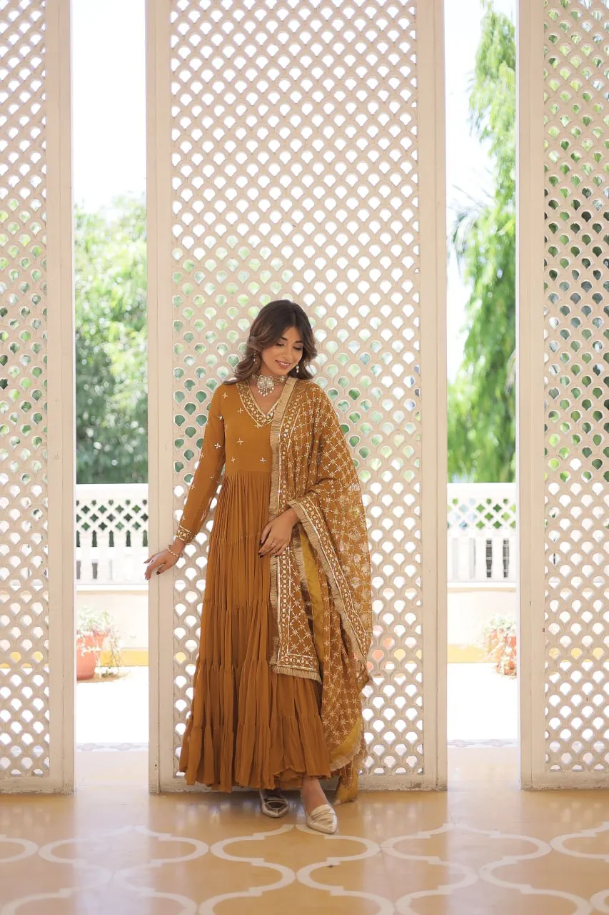 Enthralling Sequin Embroidered Mustard Yellow Gown with Designer Dupatta - Festive Wear