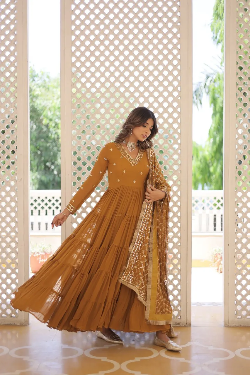 Enthralling Sequin Embroidered Mustard Yellow Gown with Designer Dupatta - Festive Wear